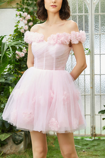 Pink Off the Shoulder Corset Homecoming Dress With Flowers