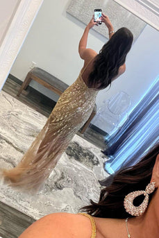 Sparkly Gold Beaded Mermaid Long Prom Dress with Slit