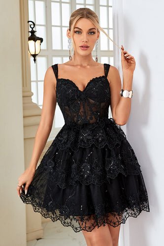 Sparkly Black Sweetheart A-Line Lace Tiered Short Homecoming Dress