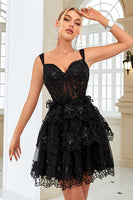 Load image into Gallery viewer, Sparkly Black Sweetheart A-Line Lace Tiered Short Homecoming Dress