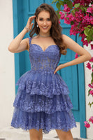 Load image into Gallery viewer, Sparkly Black Sweetheart A-Line Lace Tiered Short Homecoming Dress