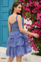 Load image into Gallery viewer, Sparkly Black Sweetheart A-Line Lace Tiered Short Homecoming Dress