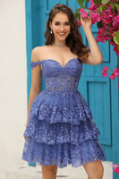 Load image into Gallery viewer, Sparkly Black Sweetheart A-Line Lace Tiered Short Homecoming Dress