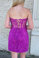Load image into Gallery viewer, Sheath Sweetheart Fuchsia Corset Short Homecoming Dress with Appliques
