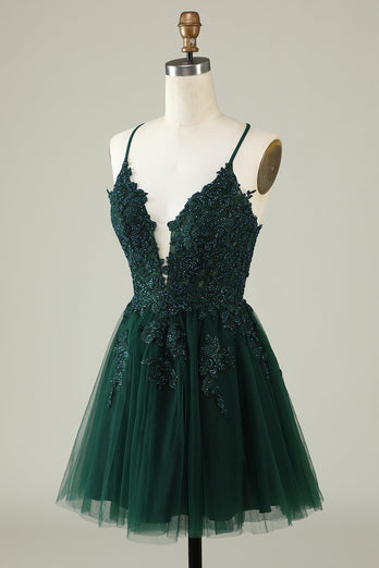 Stylish A Line Spaghetti Straps Green Short Homecoming Dress with Appliques