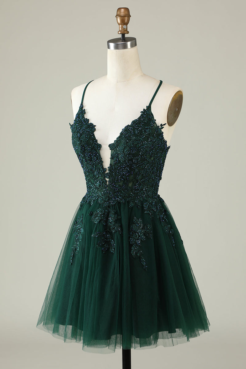 Load image into Gallery viewer, Stylish A Line Spaghetti Straps Green Short Homecoming Dress with Appliques