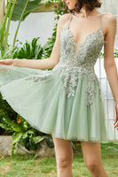 Load image into Gallery viewer, A Line Spaghetti Straps Green Short Homecoming Dress with Appliques