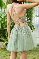 Load image into Gallery viewer, A Line Spaghetti Straps Blush Short Homecoming Dress with Criss Cross Back