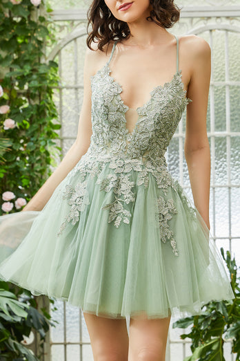 A Line Spaghetti Straps Green Short Homecoming Dress with Appliques