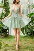 Load image into Gallery viewer, A Line Spaghetti Straps Green Short Homecoming Dress with Appliques