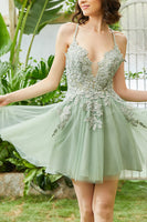 Load image into Gallery viewer, A Line Spaghetti Straps Green Short Homecoming Dress with Appliques