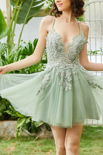 A Line Spaghetti Straps Green Short Homecoming Dress with Appliques