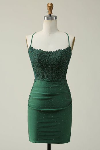Bodycon Spaghetti Straps Dark Green Short Homecoming Dress with Appliques