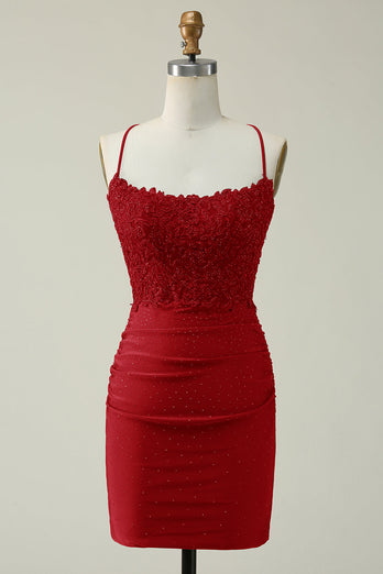 Dark Green Bodycon Spaghetti Straps Short Homecoming Dress with Appliques