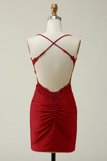 Dark Green Bodycon Spaghetti Straps Short Homecoming Dress with Appliques