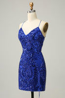 Load image into Gallery viewer, Sheath Spaghetti Straps Blue Sequins Short Homecoming Dress with Criss Cross Back