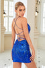 Load image into Gallery viewer, Sheath Spaghetti Straps Blue Sequins Short Homecoming Dress with Criss Cross Back