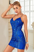 Load image into Gallery viewer, Sheath Spaghetti Straps Blue Sequins Short Homecoming Dress with Criss Cross Back