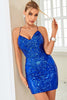 Load image into Gallery viewer, Sheath Spaghetti Straps Blue Sequins Short Homecoming Dress with Criss Cross Back