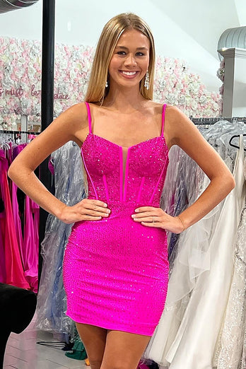 Sparkly Bodycon Spaghetti Straps Royal Blue Short Homecoming Dress with Beading