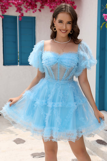 Blue A Line Off The Shoulder Corset Tulle Short Homecoming Dress