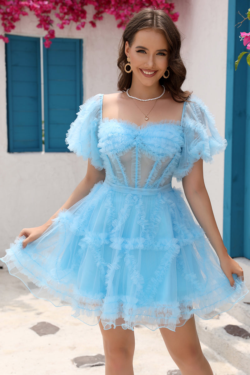 Load image into Gallery viewer, Blue A Line Off The Shoulder Corset Tulle Short Homecoming Dress