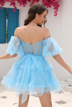 Blue A Line Off The Shoulder Corset Tulle Short Homecoming Dress