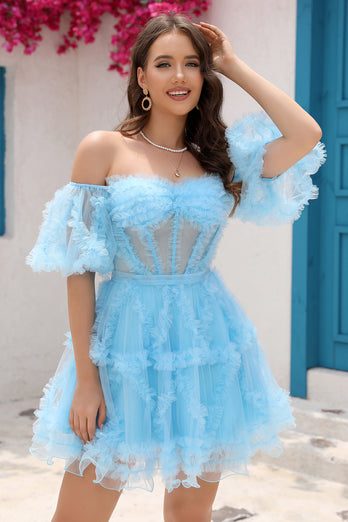 Hot Pink A Line Off The Shoulder Corset Tulle Short Homecoming Dress