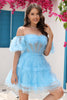 Load image into Gallery viewer, Blue A Line Off The Shoulder Corset Tulle Short Homecoming Dress
