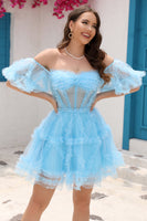 Load image into Gallery viewer, Blue A Line Off The Shoulder Corset Tulle Short Homecoming Dress