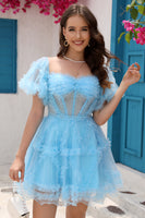 Load image into Gallery viewer, Blue A Line Off The Shoulder Corset Tulle Short Homecoming Dress