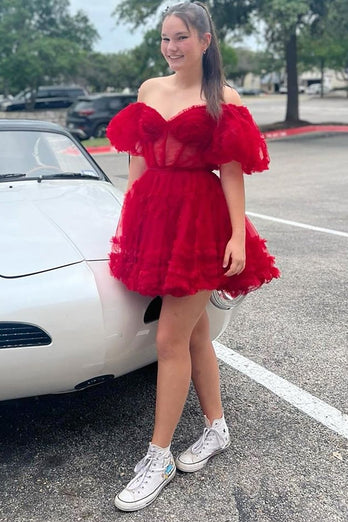 Red Tulle Off The Shoulder Corset Homecoming Dress