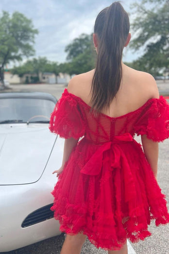 Red Tulle Off The Shoulder Corset Homecoming Dress