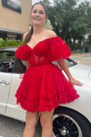 Load image into Gallery viewer, Red Tulle Off The Shoulder Corset Homecoming Dress