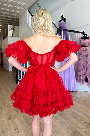 Pink A Line Off The Shoulder Corset Tulle Short Homecoming Dress