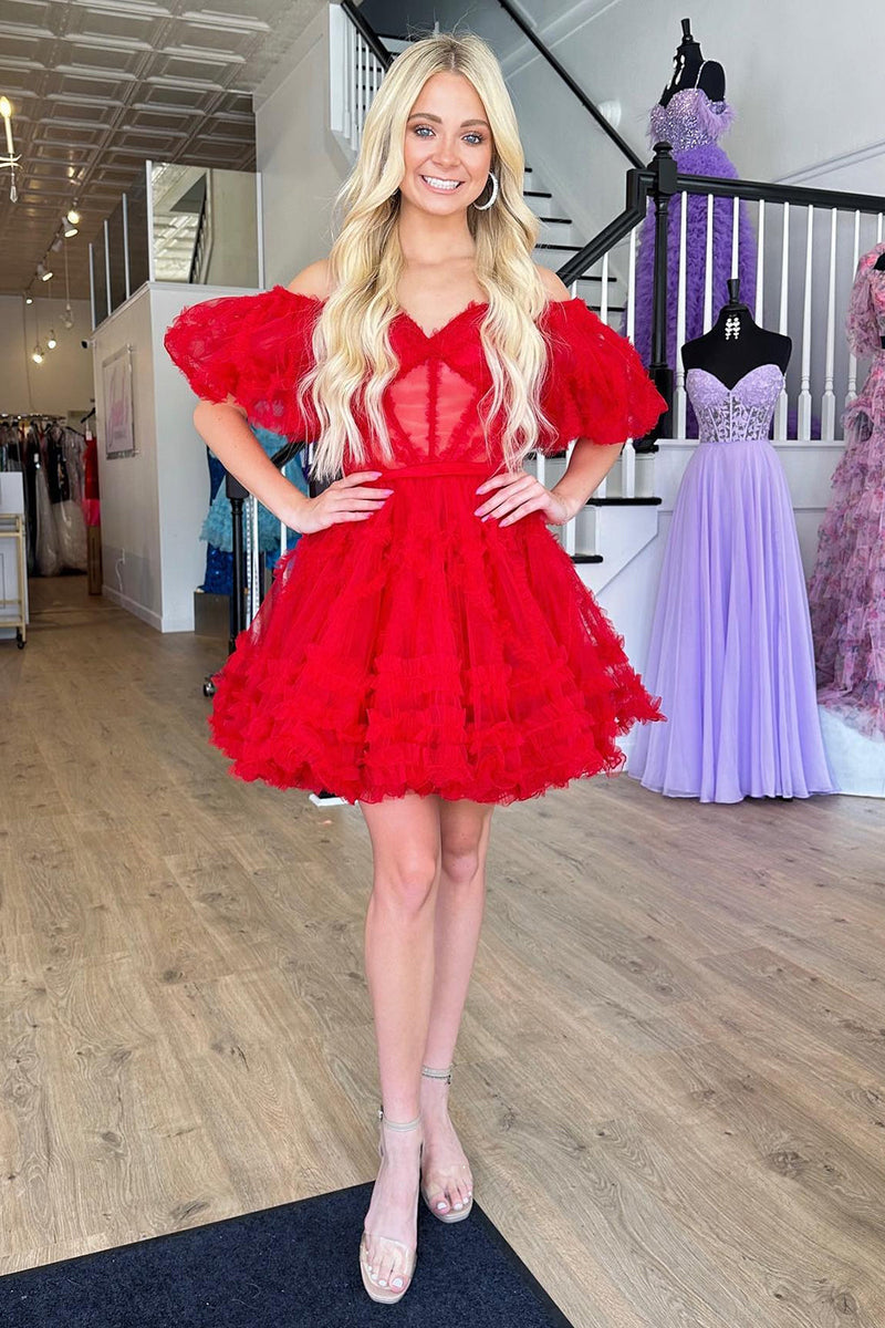 Load image into Gallery viewer, Pink A Line Off The Shoulder Corset Tulle Short Homecoming Dress