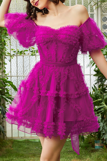 Hot Pink A Line Off The Shoulder Corset Tulle Short Homecoming Dress