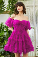 Load image into Gallery viewer, Blue A Line Off The Shoulder Corset Tulle Short Homecoming Dress