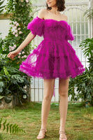 Load image into Gallery viewer, Purple A Line Off The Shoulder Corset Short Tulle Homecoming Dress