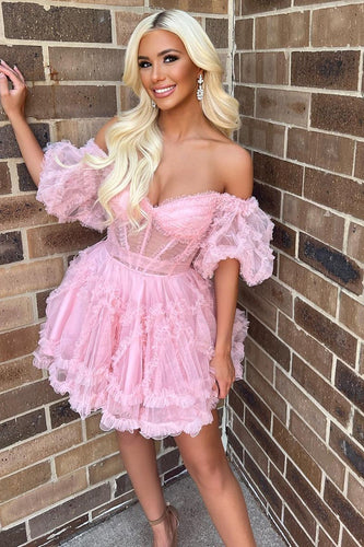 Pink A Line Off The Shoulder Corset Tulle Short Homecoming Dress
