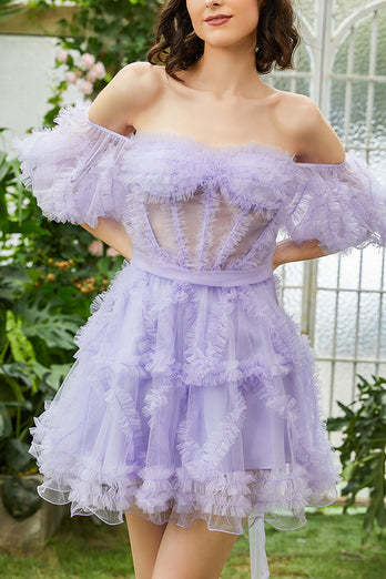 Hot Pink A Line Off The Shoulder Corset Tulle Short Homecoming Dress