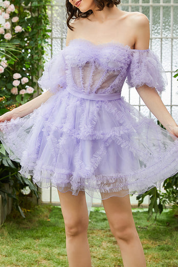 Purple A Line Off The Shoulder Corset Short Tulle Homecoming Dress
