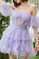 Load image into Gallery viewer, Purple A Line Off The Shoulder Corset Short Tulle Homecoming Dress