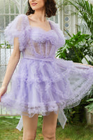 Load image into Gallery viewer, Purple A Line Off The Shoulder Corset Short Tulle Homecoming Dress