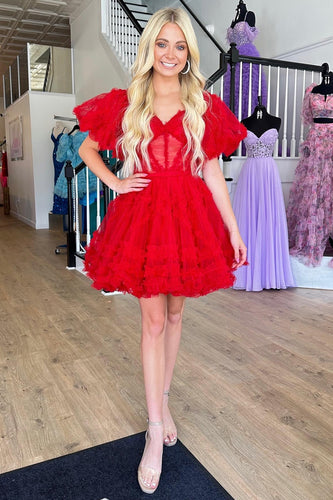 Red Tulle Off The Shoulder Corset Homecoming Dress