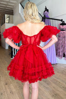 Load image into Gallery viewer, Red Tulle Off The Shoulder Corset Homecoming Dress