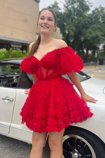 Pink A Line Off The Shoulder Corset Tulle Short Homecoming Dress