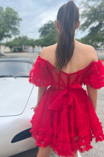 Pink A Line Off The Shoulder Corset Tulle Short Homecoming Dress