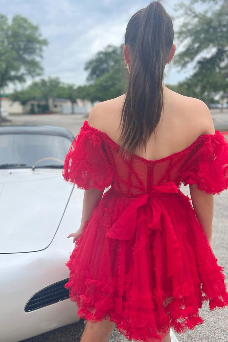 Load image into Gallery viewer, Pink A Line Off The Shoulder Corset Tulle Short Homecoming Dress