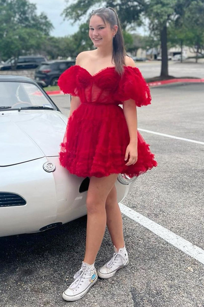 Load image into Gallery viewer, Pink A Line Off The Shoulder Corset Tulle Short Homecoming Dress